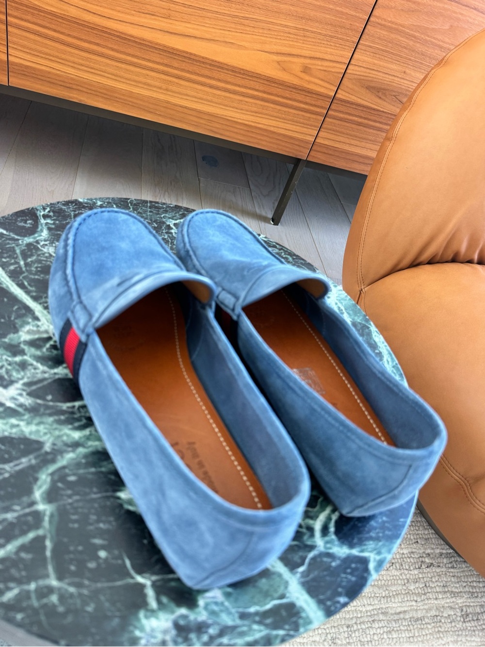 Gucci Blue Suede Slip-On Loafers with Red Web Stripe